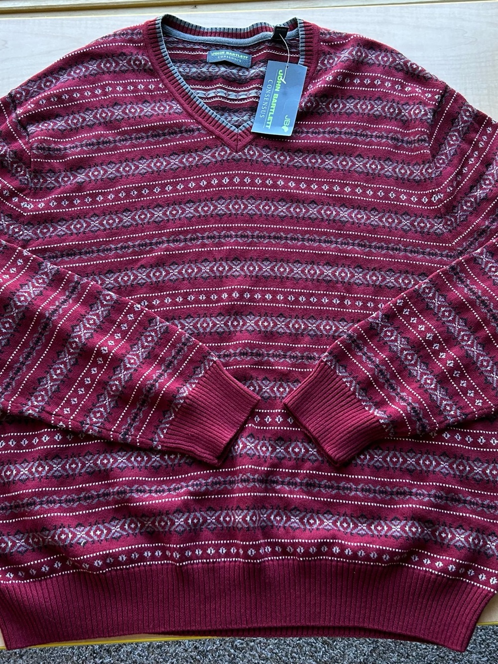 John Bartlett Burgundy/Gray Geometric Sweater 2X Ski Holiday Cozy Cabin